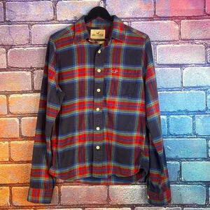 Hollister Shirt Plaid Flannel Large Mens Blue Long Sleeve Button Up Red Navy